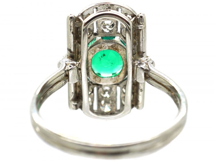 Art Deco 14ct White Gold, Emerald & Diamond Rectangular Ring