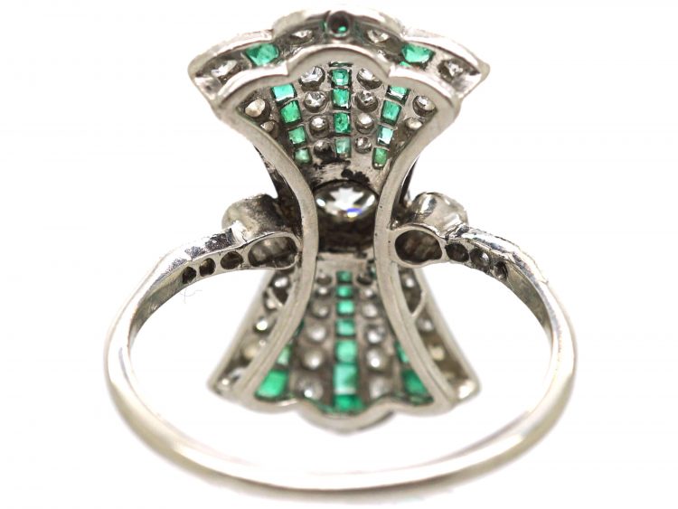 Art Deco Platinum Fan Ring set with Calibré Cut Emeralds & Diamonds