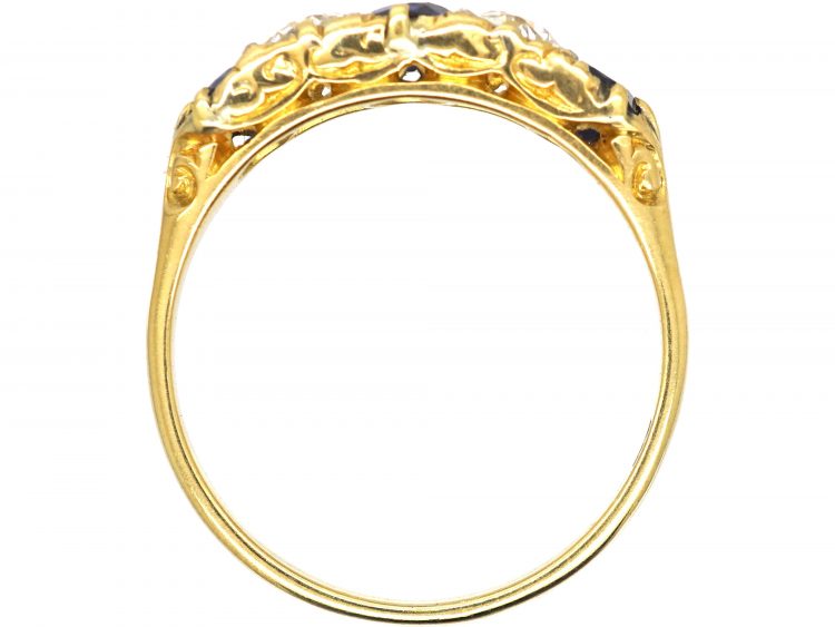 Victorian 18ct Gold, Five Stone Sapphire & Diamond Carved Half Hoop Ring