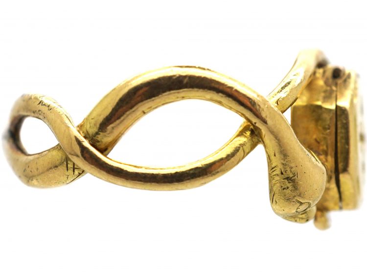 Early Victorian 18ct Gold Opening Ring with Engraved Cross Motif & Two Entwined Snakes