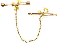 Edwardian Pair of 15ct Gold Bow Brooches set with a Sapphire & a Ruby & Natural Split Pearls in Original Case