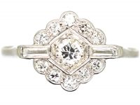 Art Deco Platinum & Diamond Cluster Ring with Baguette Diamond Detail