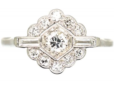 Art Deco Platinum & Diamond Cluster Ring with Baguette Diamond Detail
