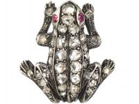 French Silver & Gold Belle Epoque Frog Brooch set with Rose Diamonds & Cabochon Ruby Eyes