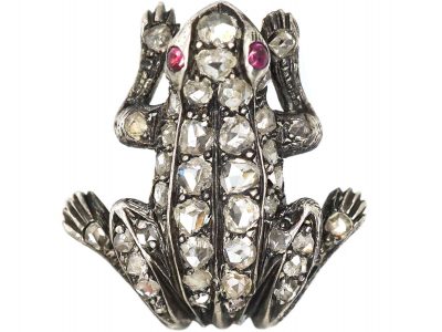 French Silver & Gold Belle Epoque Frog Brooch set with Rose Diamonds & Cabochon Ruby Eyes