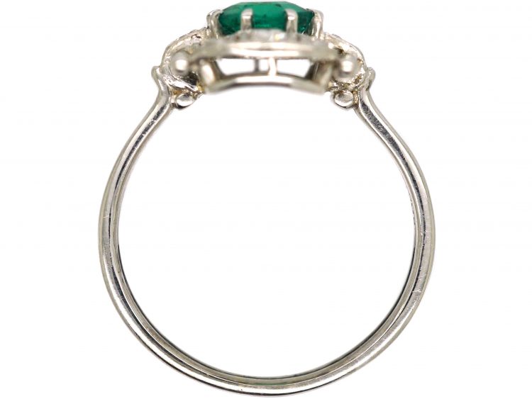 Art Deco 14ct White Gold, Emerald & Diamond Rectangular Ring