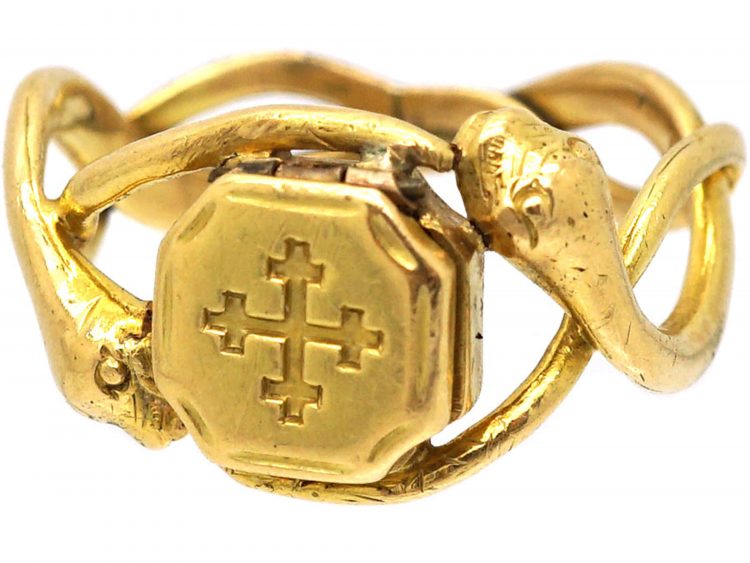 Early Victorian 18ct Gold Opening Ring with Engraved Cross Motif & Two Entwined Snakes