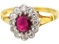 18ct Gold, Ruby & Diamond Oval Cluster Ring