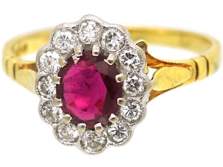 18ct Gold, Ruby & Diamond Oval Cluster Ring