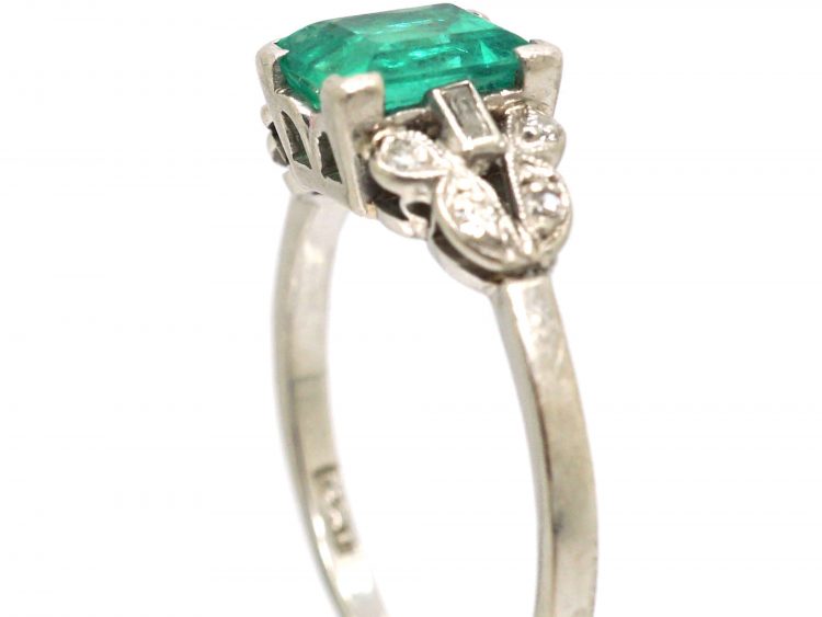 Art Deco Platinum, Rectangular Cut Emerald Ring with Diamond Set Shoulders