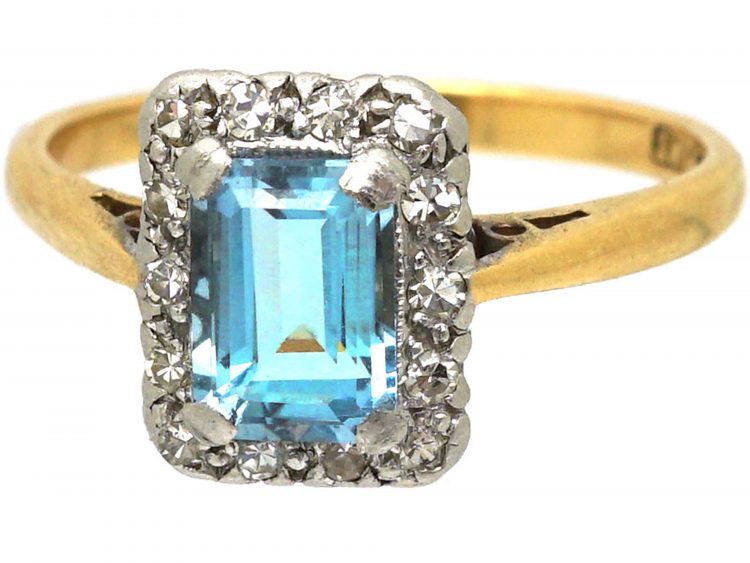 Mid-Century 18ct Gold & Platinum, Aquamarine & Diamond Rectangular Ring