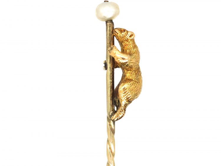 Edwardian 15ct Gold Bear Tie Pin with Natural Pearl