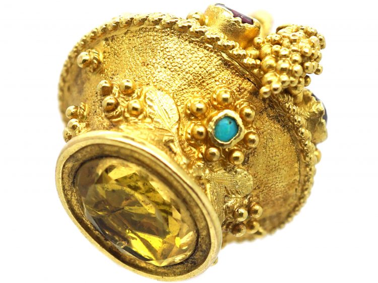 Georgian 18ct Two Colour Gold , Turquoise & Garnet Flower Basket Pendant with inset Citrine Base