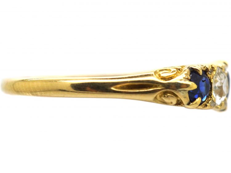 Victorian 18ct Gold, Five Stone Sapphire & Diamond Carved Half Hoop Ring