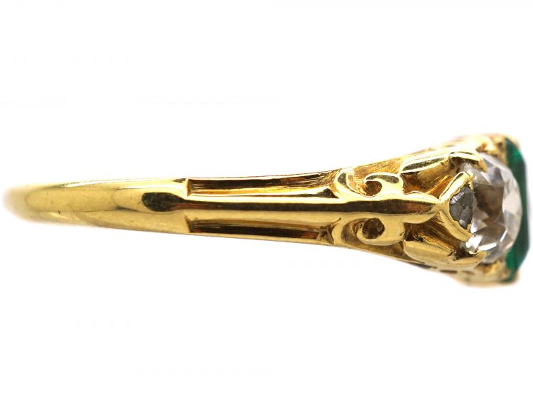 Victorian 18ct Gold, Emerald & Diamond Three Stone Carved Half Hoop Ring