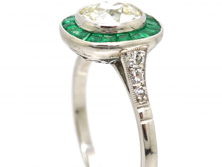 Platinum, Large Single Diamond Solitaire Ring with Calibre Emerald Frame
