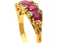 Victorian 18ct Gold, Five Stone Ruby & Diamond Carved Half Hoop Ring