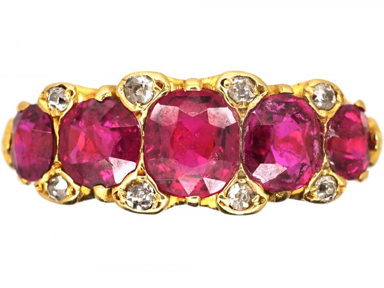Victorian 18ct Gold, Five Stone Ruby & Diamond Carved Half Hoop Ring