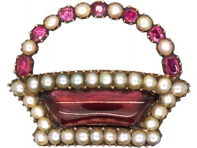 Georgian 9ct Gold Basket Brooch set with Rubies & a Cabochon Garnet