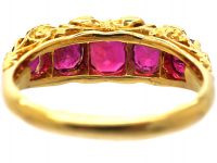 Victorian 18ct Gold, Five Stone Ruby & Diamond Carved Half Hoop Ring