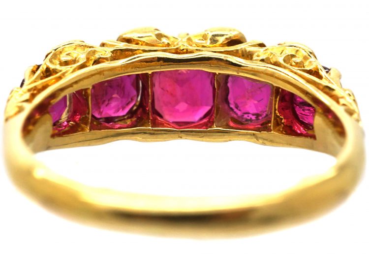 Victorian 18ct Gold, Five Stone Ruby & Diamond Carved Half Hoop Ring