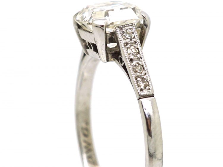 Art Deco Platinum, Asscher Cut Diamond Ring with Diamond Set Shoulders