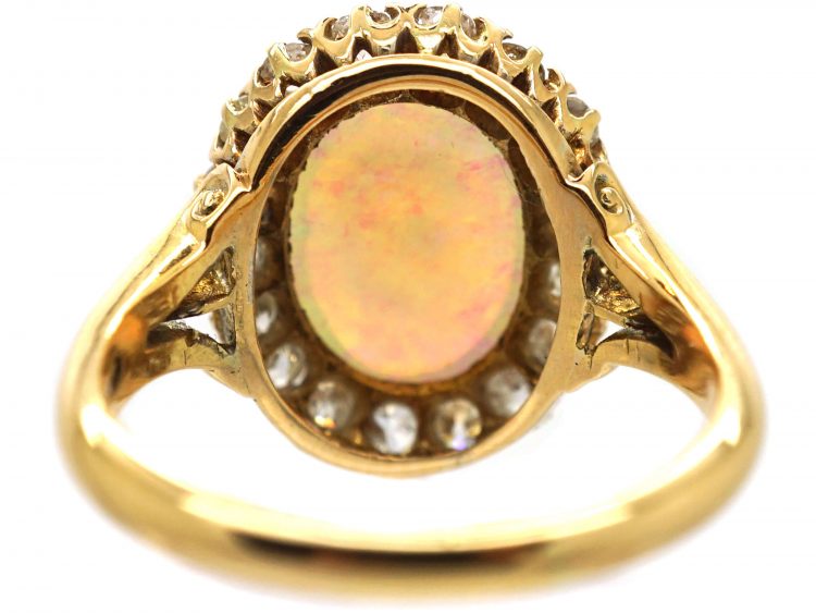 Edwardian Large 18ct Gold, Opal & Diamond Cluster Ring