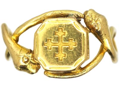 Early Victorian 18ct Gold Opening Ring with Engraved Cross Motif & Two Entwined Snakes