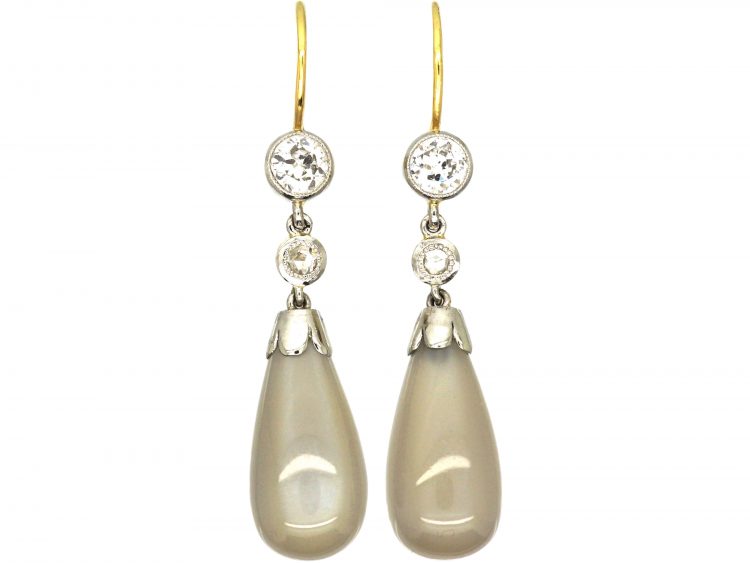 Edwardian 15ct Gold & Platinum, Moonstone & Diamond Drop Earrings