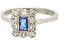 Art Deco 18ct White Gold, French Cut Sapphire & Diamond Rectangular Ring