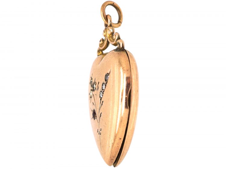 Edwardian 9ct Back & Front Heart Shaped Locket with Flower Motif set with Paste