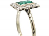 Art Deco 18ct White Gold & Platinum, Emerald & Diamond Rectangular Shaped Ring
