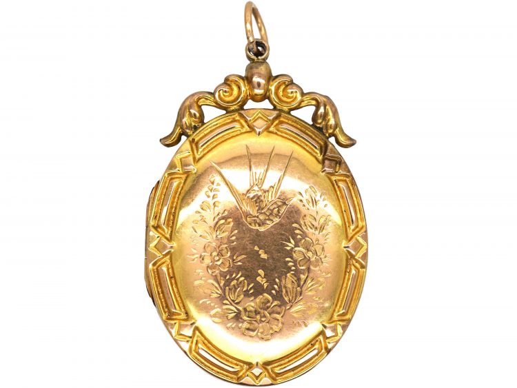 Edwardian 9ct Back & Front Large Oval Locket with Swallow Motif