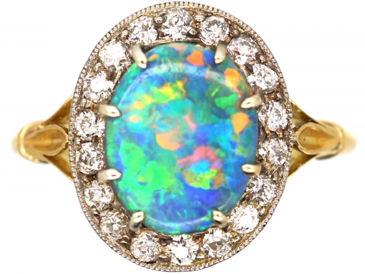 Edwardian 18ct Gold & Platinum, Black Opal & Diamond Oval Cluster Ring