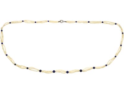 Edwardian Seed Pearl & Lapis Bead Necklace with 18ct White Gold Clasp