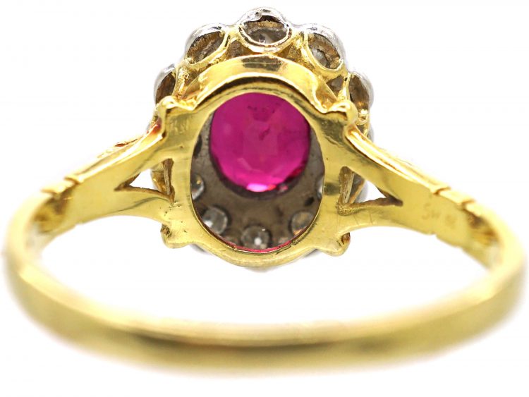 18ct Gold, Ruby & Diamond Oval Cluster Ring