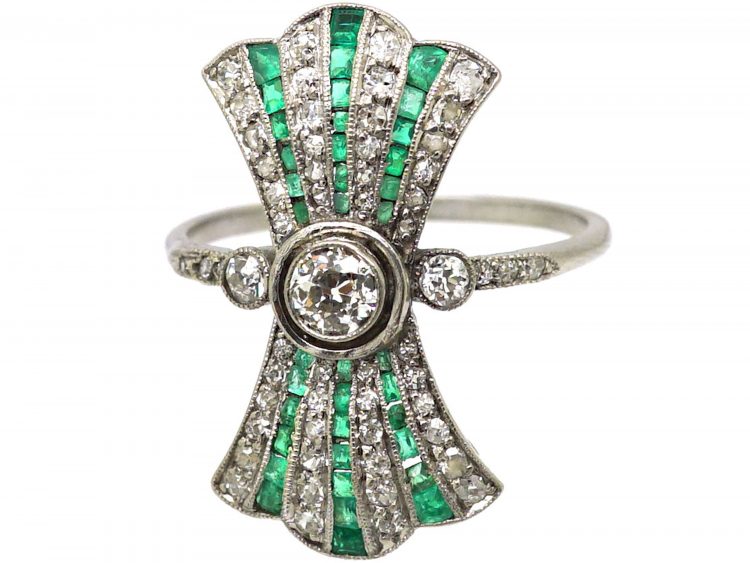 Art Deco Platinum Fan Ring set with Calibré Cut Emeralds & Diamonds