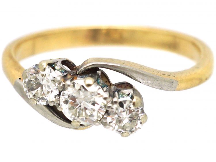 Edwardian 18ct Gold & Platinum, Three Stone Diamond Crossover Ring