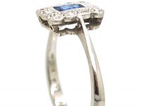Art Deco 18ct White Gold, French Cut Sapphire & Diamond Rectangular Ring