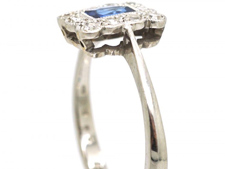 Art Deco 18ct White Gold, French Cut Sapphire & Diamond Rectangular Ring