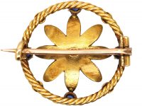 Edwardian 15ct Gold Flower Brooch set with Sapphires, Natural Split Pearls & a Diamond in Original Case