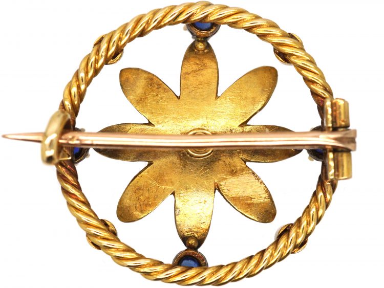 Edwardian 15ct Gold Flower Brooch set with Sapphires, Natural Split Pearls & a Diamond in Original Case