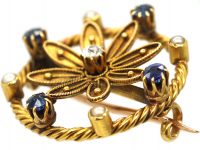 Edwardian 15ct Gold Flower Brooch set with Sapphires, Natural Split Pearls & a Diamond in Original Case