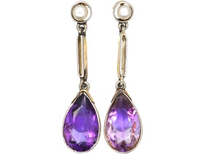Art Deco 15ct Gold & Platinum, Amethyst & Natural Pearl Drop Earrings