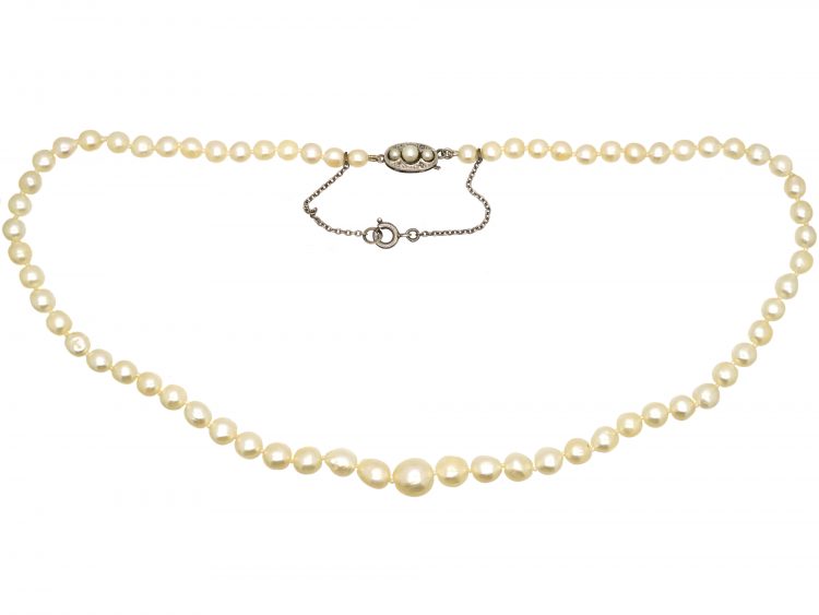 Art Deco Cultured Pearl Necklace with 18ct White Gold & Platinum Clasp set with Pearls & Rose Diamonds