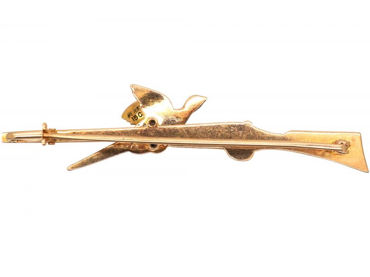 Edwardian 15ct Gold, Enamel & Platinum, Pheasant & Gun Brooch Retailed by Garrards