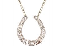Edwardian Platinum & Diamond Set Horseshoe Pendant on Platinum Chain