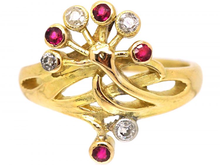 French 18ct Gold Art Nouveau Ring set with Rubies & Diamonds