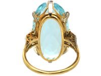 Art Deco 14ct Gold & Platinum, Large Oval Cut Aquamarine Ring with Diamond Set Shoulders