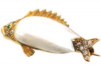 Edwardian 15ct Gold Fish Brooch set with Diamonds, Mississippi Pearl & a Green Garnet Eye
